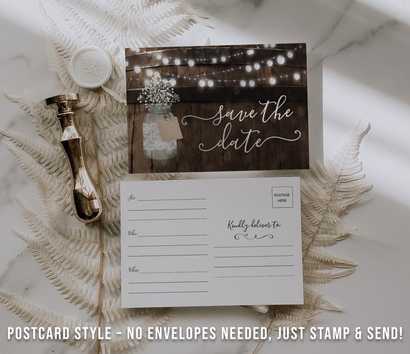 Your Main Event Prints 50 Rustic Mason Jar Save The Date Cards for Wedding, Engagement, Anniversary, Baby Shower, Birthday Party, Wood Save The Dates Postcard Invitations - Image 3